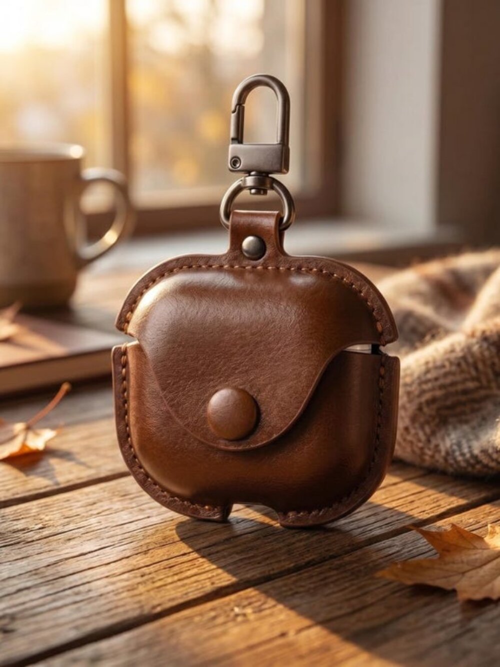 Brown AirPods Vintage Leather Case - Brass Hardware Clip